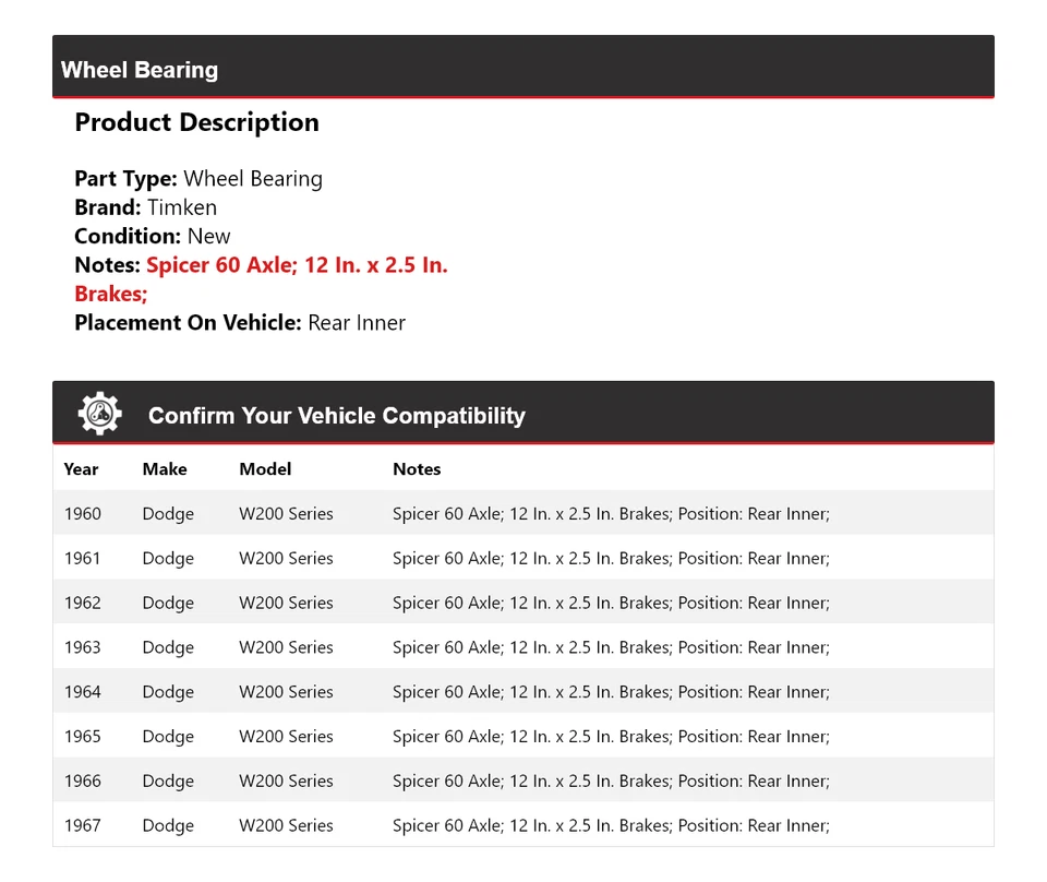 Para 1960-1967 Dodge W200 Series rolamento de roda traseiro interno Timken 1961 1962 1963 - Imagem 2 de 4