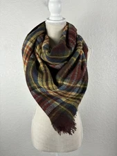 Soft Cozy Plaid Blanket Scarf Brown Yellow Maroon Fall Academia Boho Retro