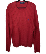 POLO Ralph Lauren Sweater Mens XL Red 100 Cotton Cable Knit Pullover Old Money