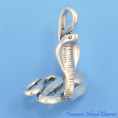 King Cobra Snake Reptile 3D 925 Solid Sterling Silver Charm Pendant MADE IN USA