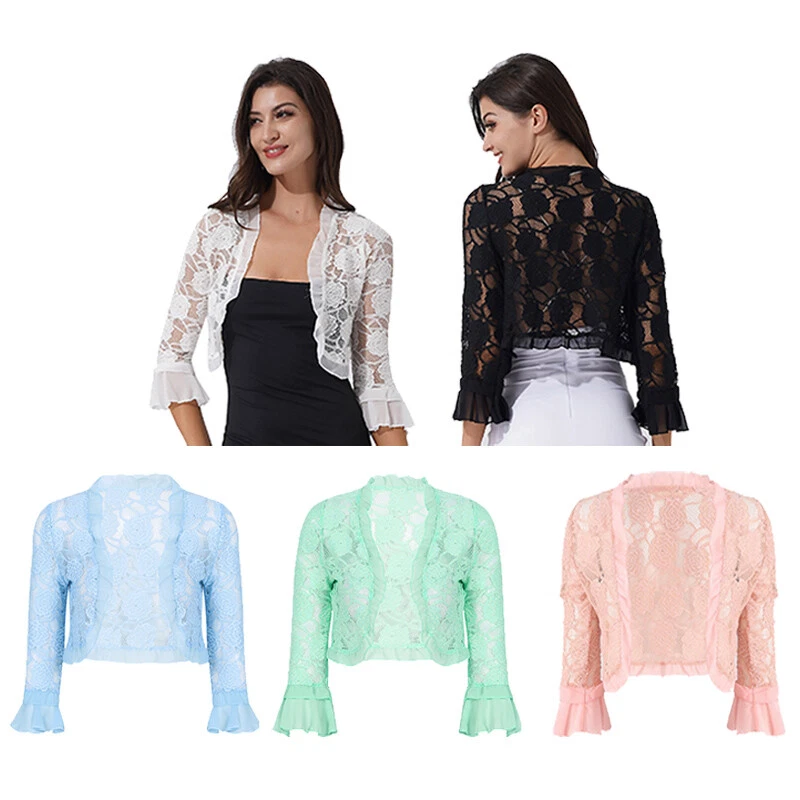 Women s Half Sleeve Shrug Sheer Floral Lace Cropped Open Front Bolero Cardigan