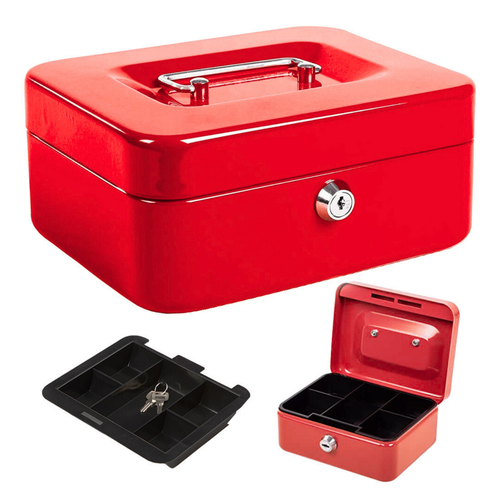 Money Box Tin 8" Steel Metal Cash Safe Security Petty Tin With Lock 2 Keys Red - Picture 19 of 24