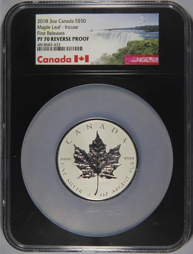 2018 Canada Maple Leaf Incuse 3 Oz Silver $50 NGC PF70 Reverse Proof First Rel