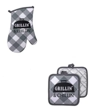 Home Collection Kitchen BBQ Oven Mitt, Pot Holders ~Set of 3 Grillin'& Chillin