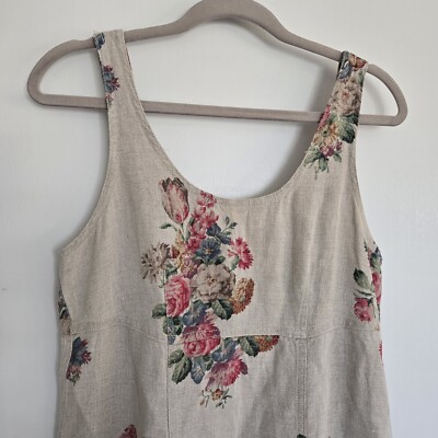 Vintage Karen Kane Linen Dress Women's 10 Beige Tan With Floral Print