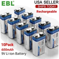 EBL 10x 9 V Block Li-Ion Rechargeable Batteries 600mAh Lithium 9V Battery