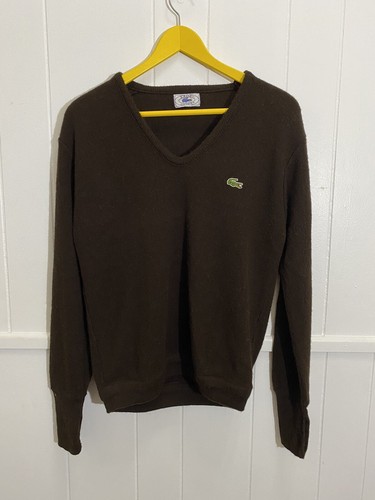 Vintage 80s Izod Lacoste Brown Crocodile Acrylic V Neck Pullover Sweater Mens - Picture 2 of 6