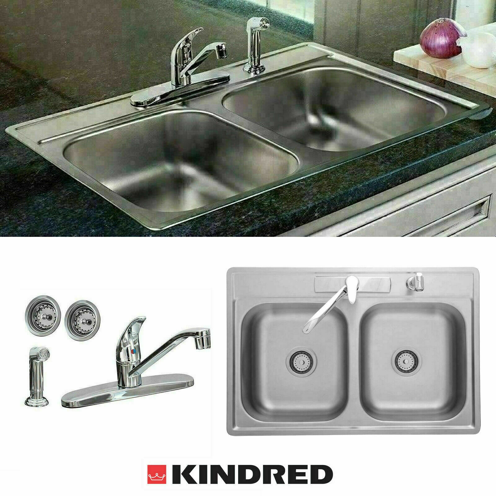 Stainless Steel Kitchen Sink Double Bowl 33 X22 X6 Drop In Top