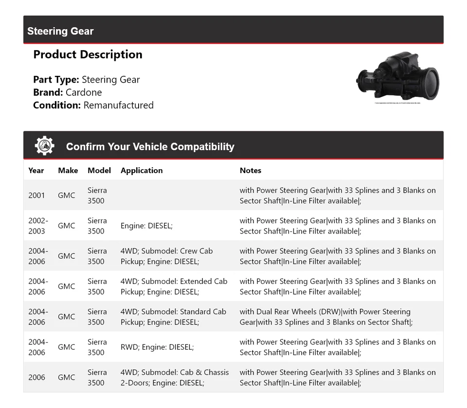 Para GMC Sierra 3500 2001-2006 engranaje de dirección Cardone 2002 2003 2004 2005 Foto 2 de 4