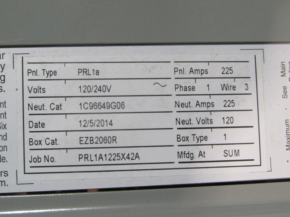 💥NEW EATON 225A MAIN BREAKER PANELBOARD INSERT 120/240 VAC 1Ø 42 CIRCUIT PRL1A - Image 4 of 4