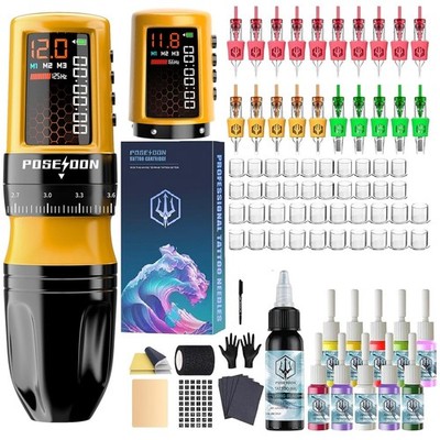Poseidon Tattoo Gun Kit Wireless Machine Kit 7 Strokes Length with