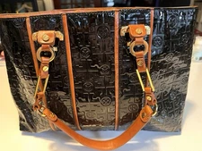 Tory Burch Nico Lux T East/West Patent Leather Tote Bag Brwon Leather W/Dust Bag