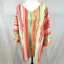 Boutique colorful stripe ruffle sleeve top size large NWOT