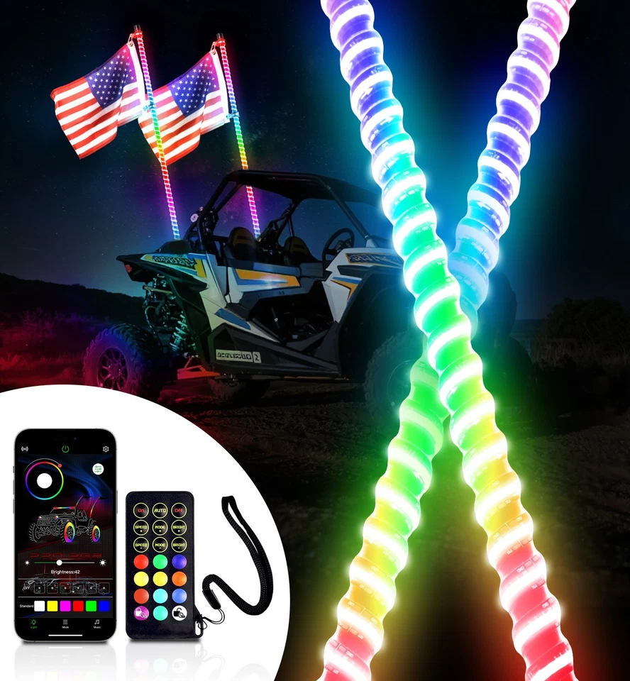 2 PIEZAS 6 PIES COB LED espiral persecución RGB luces látigo antena para Can Am RZR UTV ATV Foto 2 de 4