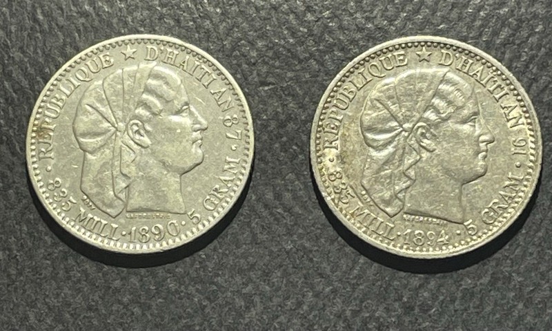 Haiti 1890/94 20 Centimes Silver Coins: Lot of 2-9606690
