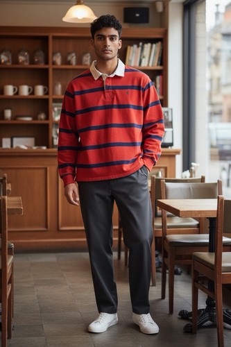 POLO RALPH LAUREN Y2K VINTAGE RUGBY FLEECE RED NAVY STRIPED ✅MEASUREMENTS EUC