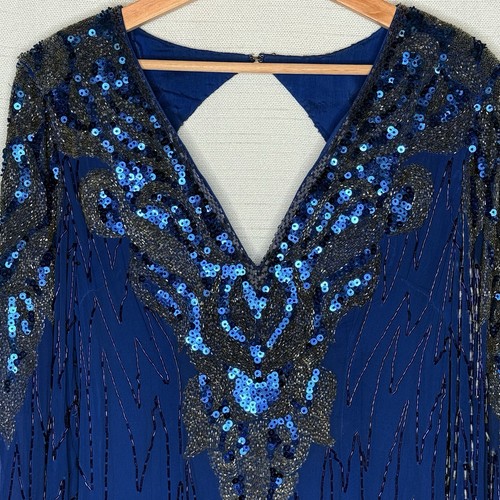 VTG 80s Demetrios Designs Silk Beaded Sequin Evening Gown Womens 14 Cutout Back - Afbeelding 3 van 12