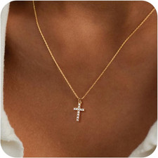 Easter Basket Stuffer Cross Necklace for Women Girls, Dainty 14K Gold Silver Pla