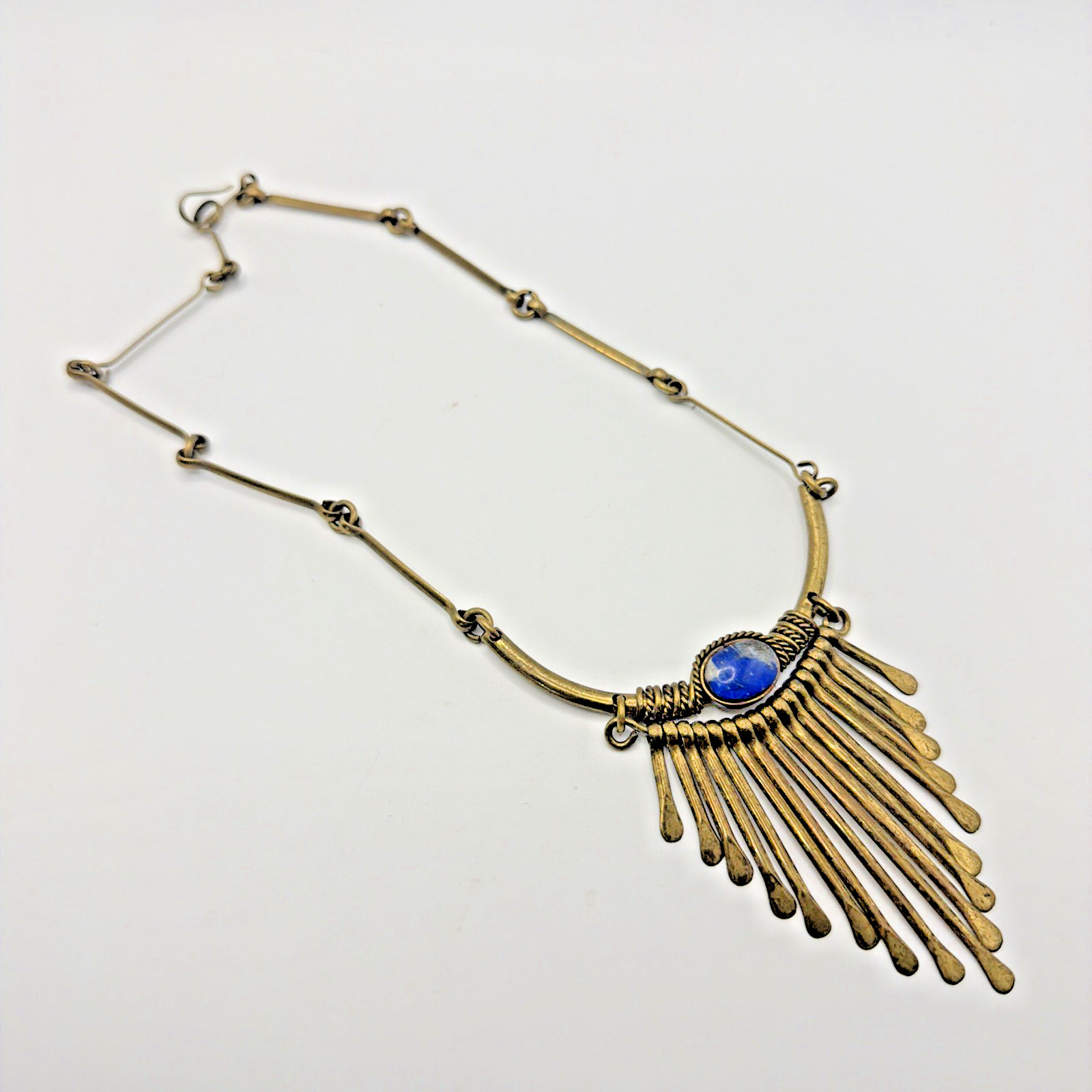Vintage Egyptian Revival Bib Necklace Brass with a blue Sodalite accent