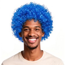 Sdfvsdg Unisex Short Fluffy Afro Funny Wigs for Women Men Curly Disco Blue