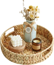 13 Inch round Wicker Tray, Hand-Woven Rattan Serving Trays with Handles for Snac