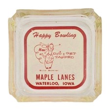 Vintage Clear Glass Marketing Ashtray / Maple Lanes / Waterloo Iowa IA