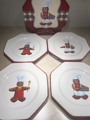 Williams Sonoma Gingerbread Chef THREE 8 inch Dessert Plates 4 PCs With 2 Mugs