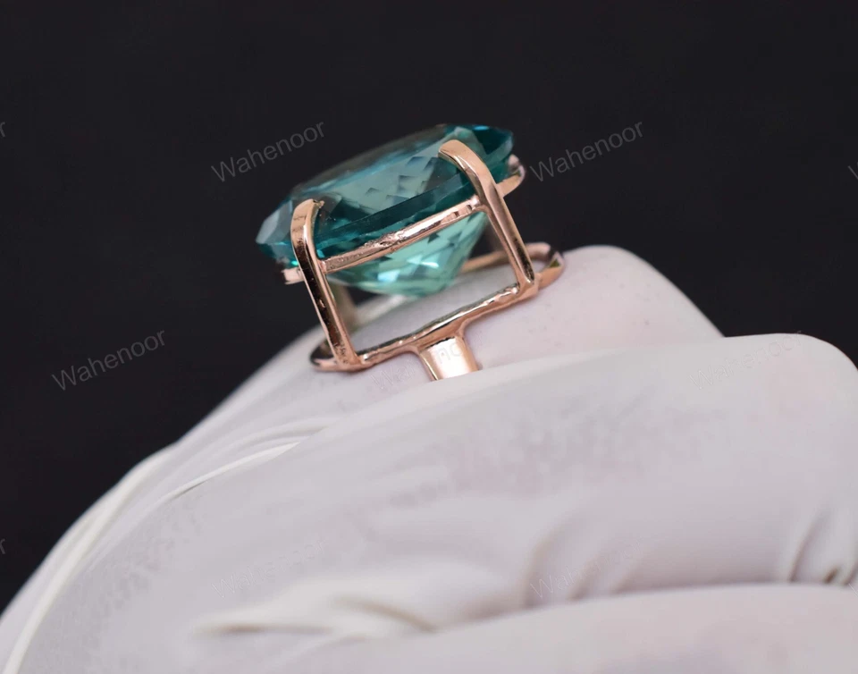 Anillo De Boda De Zafiro Teal Ovalado Natural De Plata Esterlina 925 Certificado - Imagen 3 de 4