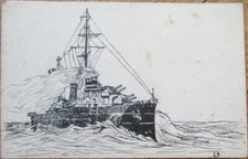 Hand Drawn Original Art 1911 French Postcard, Military Ship at Sea Artist Signed