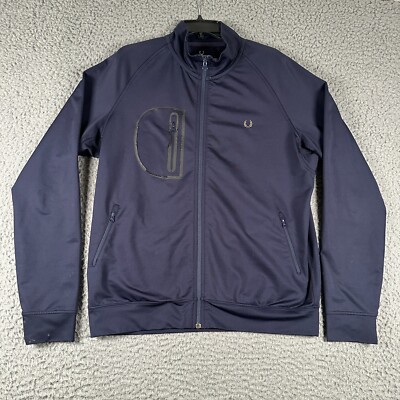Vintage Fred Perry Track Jacket Mens Large Navy Full Zip Mock Neck Pockets Flaw