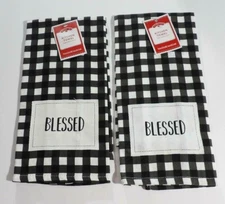 Set of 2 BLESSED Black & White Checked 100% Cotton Kitchen Towels  ~ 15" x 25"