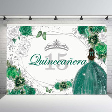 Backdrop Sweet 15 Girls Miss Quince Banner Green and Sliver Rose Crown