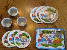 Vintage Little Red Riding Hood Pattern Tin Child's Tea Set 10 Pieces Unmarked 