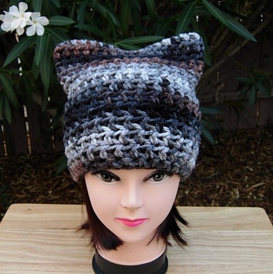 Pussy Cat Hat with Ears, Black Brown Gray White Soft Crochet  display picture 1
