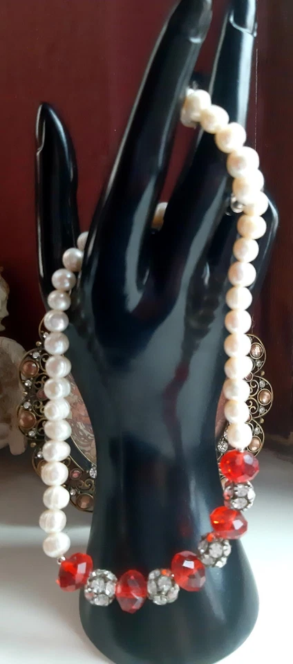 Süßwasserperlen Collier mit facettierten roten Glasperlen°. - Bild 2 von 4