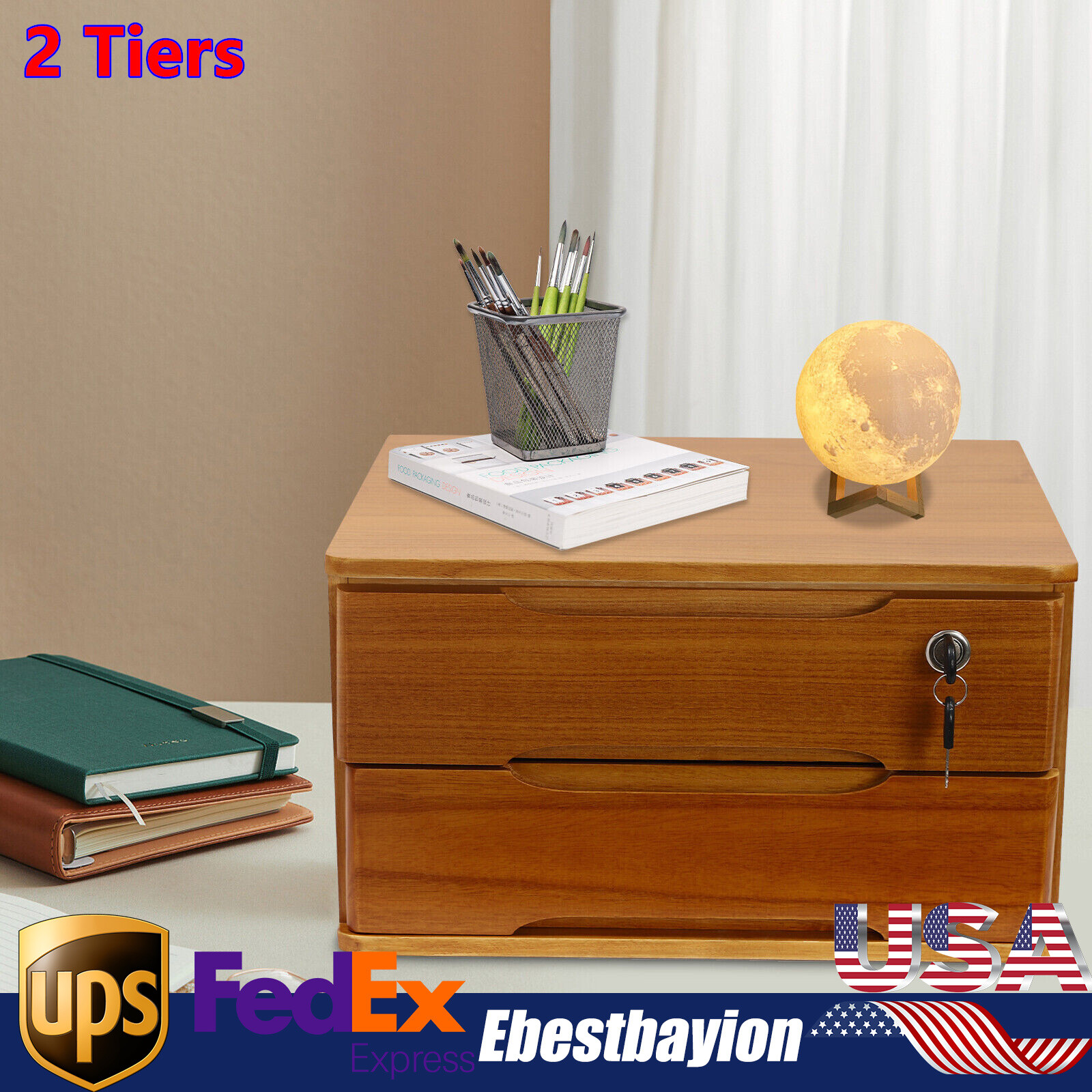2-Tier Lockable Wooden Desktop Organizer with Drawers for Storage