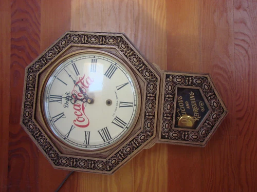Vintage Drink Coca Cola Pendulum Clock, Delicious & Refreshing,  Faux Wood