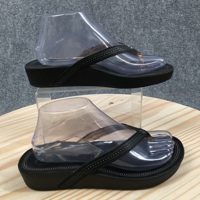 Olukai Ola Sandals Womens 8 Flip Flop Toe-Post Casual Wedge Heels Leather Black