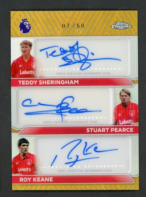 2026 Topps Chrome Stuart Pearce Teddy Sheringham Roy Keane Triple Auto Gold #/50
