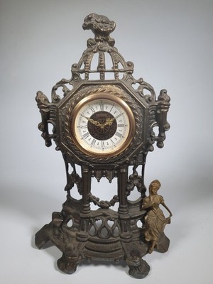 Vintage West German Cast Metal Mantel Clock Ornate Gothic Style, For Repair 
