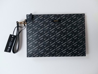VERSACE La Greca pattern black & gray coated canvas large clutch w wrist strap
