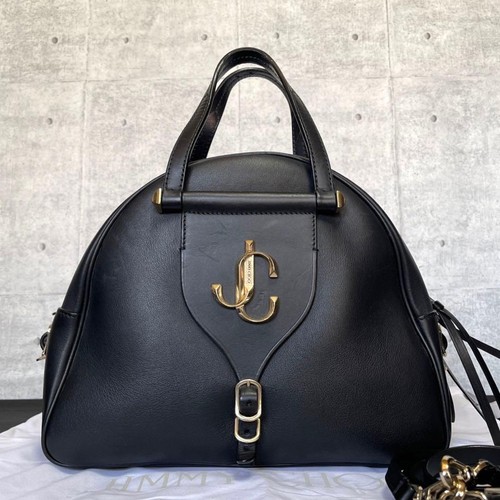 JIMMY CHOO Leather Bowling Handbag Black Medium JC Logo 2Way Used From Japan