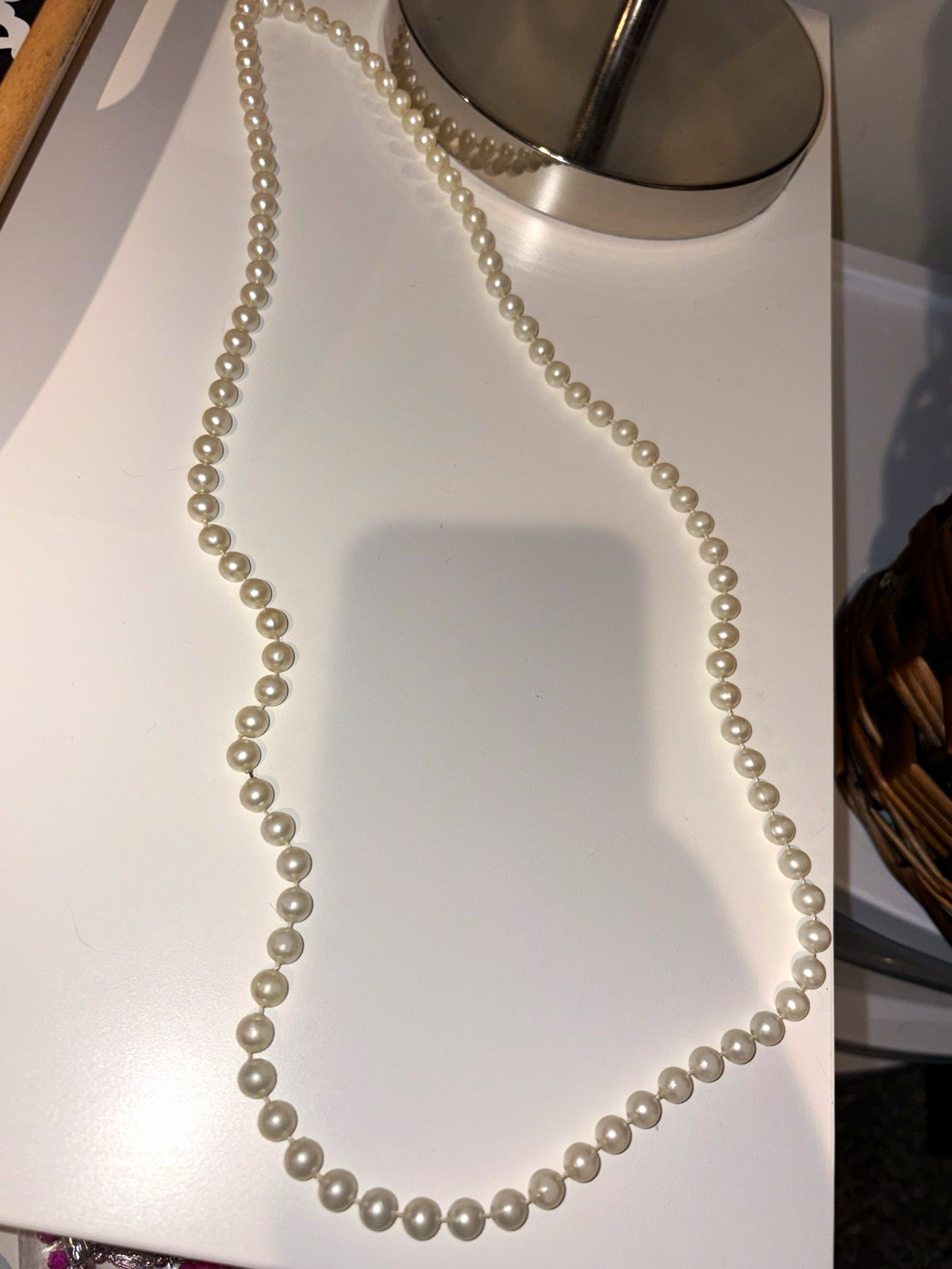 White Simulated Imitation Pearl Beaded Strand Necklace, Ball/Bead Chain