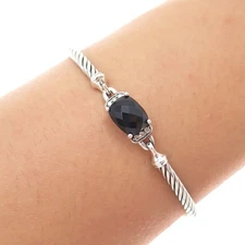 DAVID YURMAN 925 Sterling Silver Real Diamond & Black Onyx Bangle Bracelet 6.5"