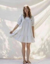 Christy Dawn Blue/White Stripe Square Neck Puff Sleeve Babydoll Mini Dress M