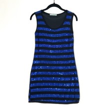 Chris & Carol SMALL Black Stripe Blue Sequin Mini Tank Party Dress Stretch Lined