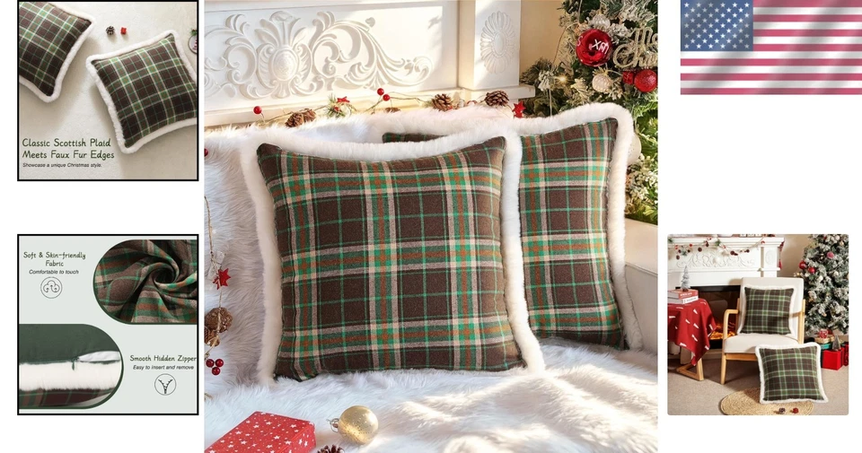 Pacote com 2 capas de travesseiro decorativas xadrez de Natal almofada tartan escocesa - Imagem 2 de 4