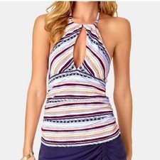 Anne Cole Stormy Seas Striped Front Keyhole Tankini Halter Swim Top Size Small