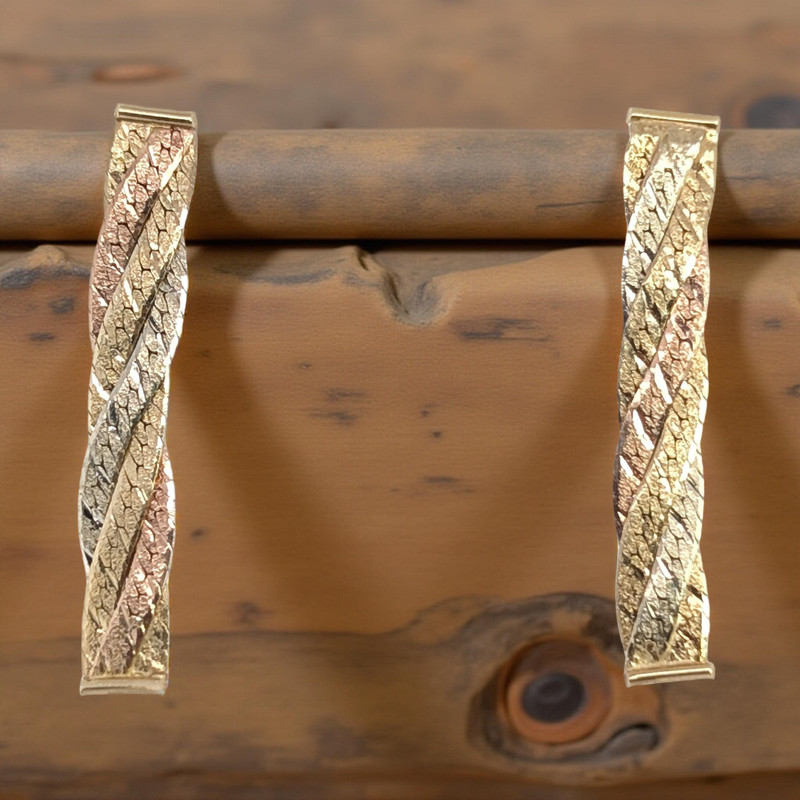 ESTATE SOLID 14K TRI-COLOR GOLD ITALIAN WOVEN DROP 1" EARRINGS #7962