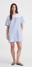 NWT Sz S Oversized Madewell Cotton White/Blue T-shirt Mini Dress w/ side pockets